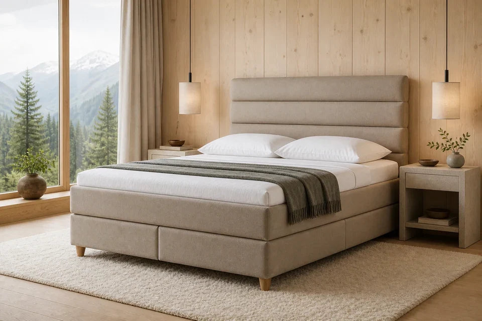 Ron Lion Boxspringbett Bergen in Warm Greige – helle Studioansicht