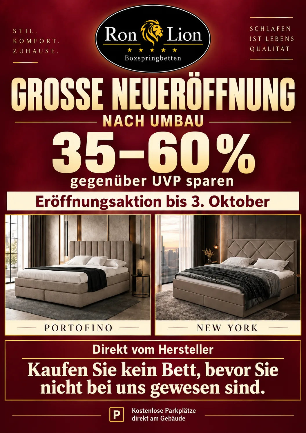 Flyer: Große Neueröffnung nach Umbau bei Ron Lion Boxspringbetten, 35 bis 60 Prozent gegenüber UVP sparen, Eröffnungsaktion bis 3. Oktober, kostenlose Parkplätze direkt am Gebäude.