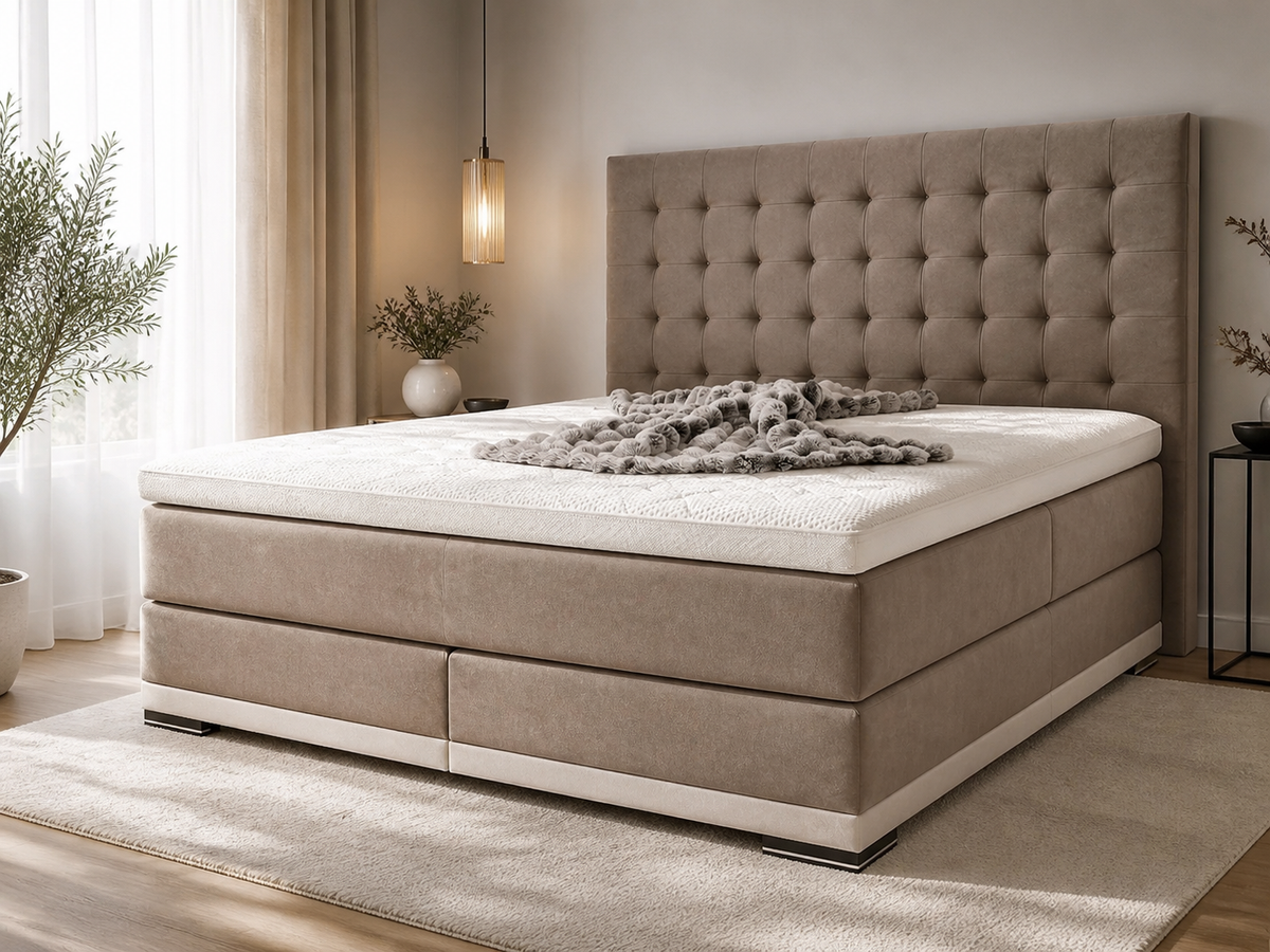 Ron Lion King Boxspringbett in warmem Taupe
