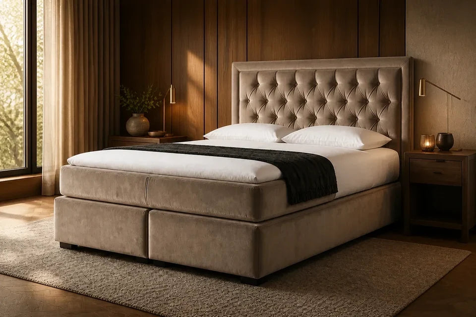 Ron Lion Boxspringbett Monaco in Warm Greige – helle Studioansicht