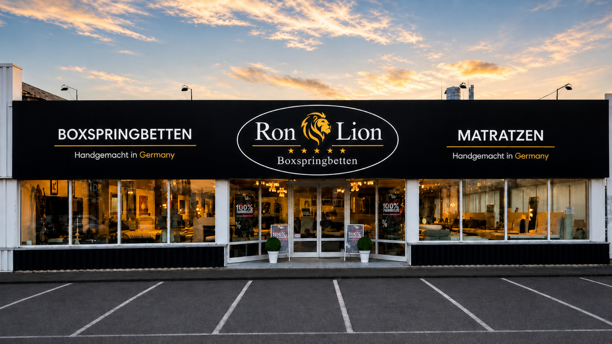 Ron Lion Showroom in Krefeld bei stimmungsvoller Abendbeleuchtung