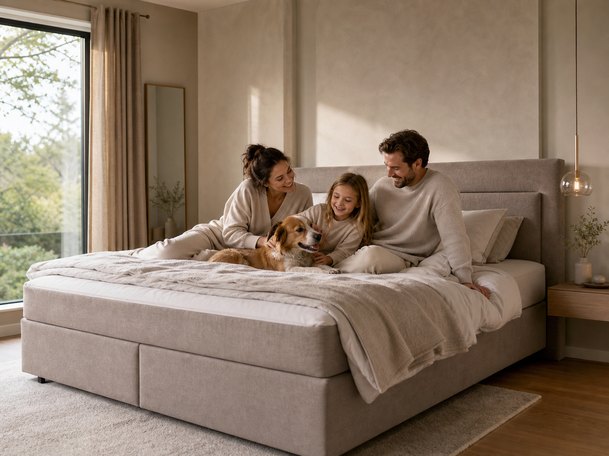 Familie mit Hund auf einem Ron Lion Boxspringbett in hellem Schlafzimmer