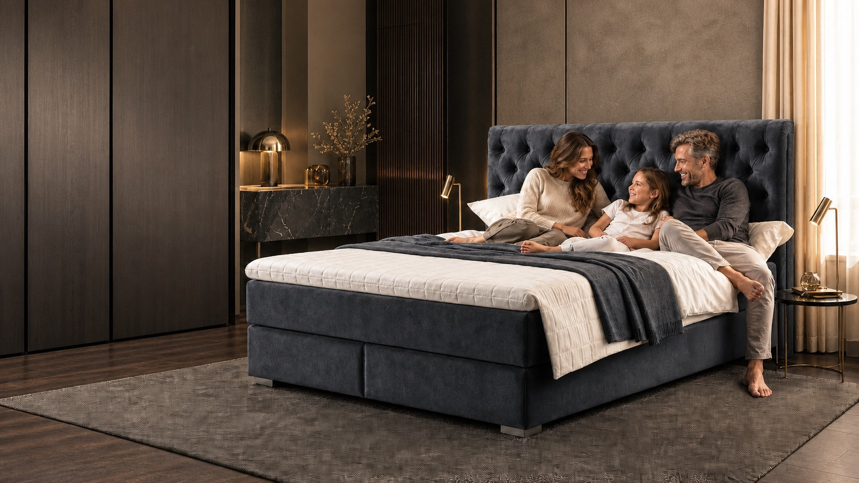 Familie auf dem Ron Lion Boxspringbett Chesterfield
