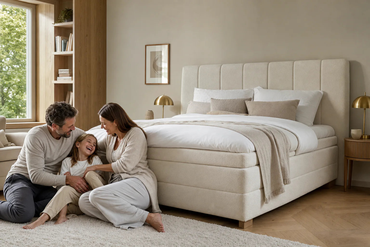 Familie in einem modernen Schlafzimmer mit Ron Lion Boxspringbett