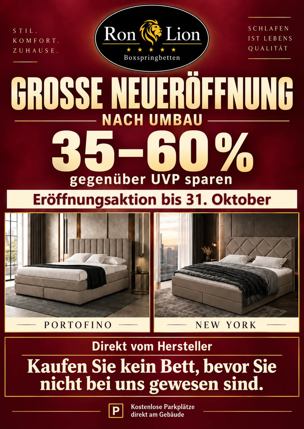 Flyer: Große Neueröffnung nach Umbau bei Ron Lion Boxspringbetten, 35 bis 60 Prozent gegenüber UVP sparen, Eröffnungsaktion bis 31. Oktober, kostenlose Parkplätze direkt am Gebäude.