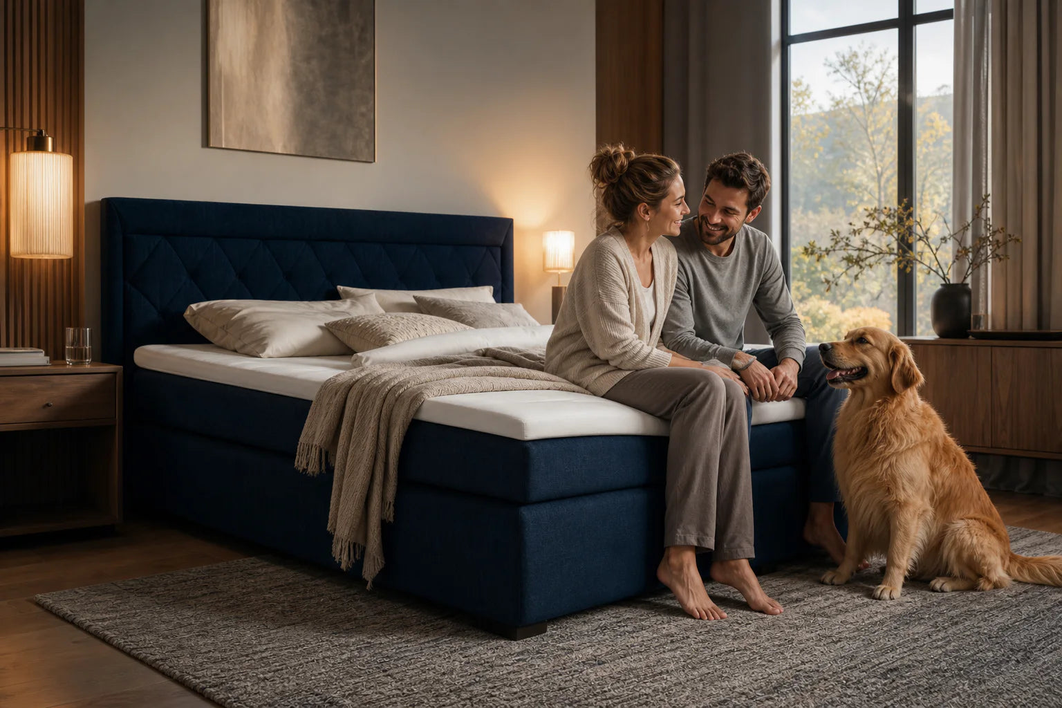Paar mit Hund an einem Ron Lion Boxspringbett
